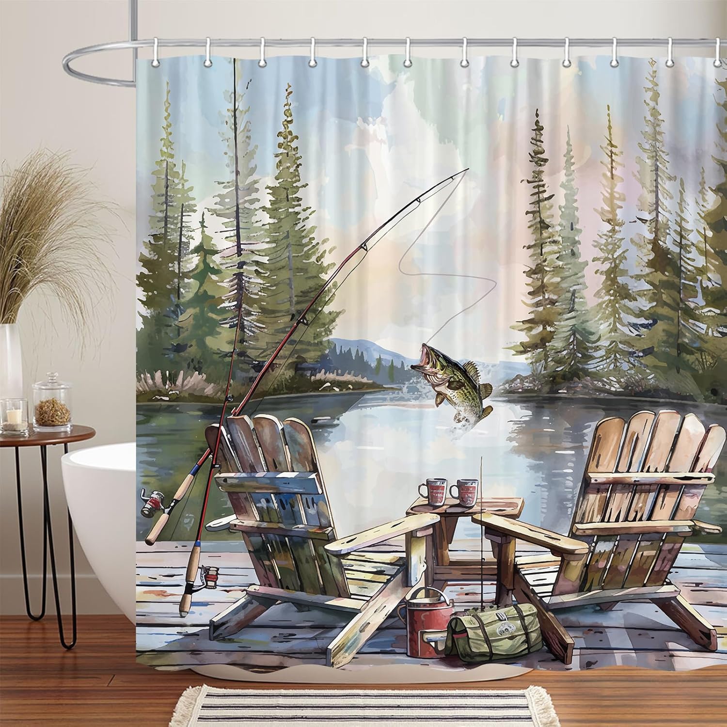 Hunting And Camping In Forest - Rustiek visserijdouchegordijn, Country Lodge Cabin Bass